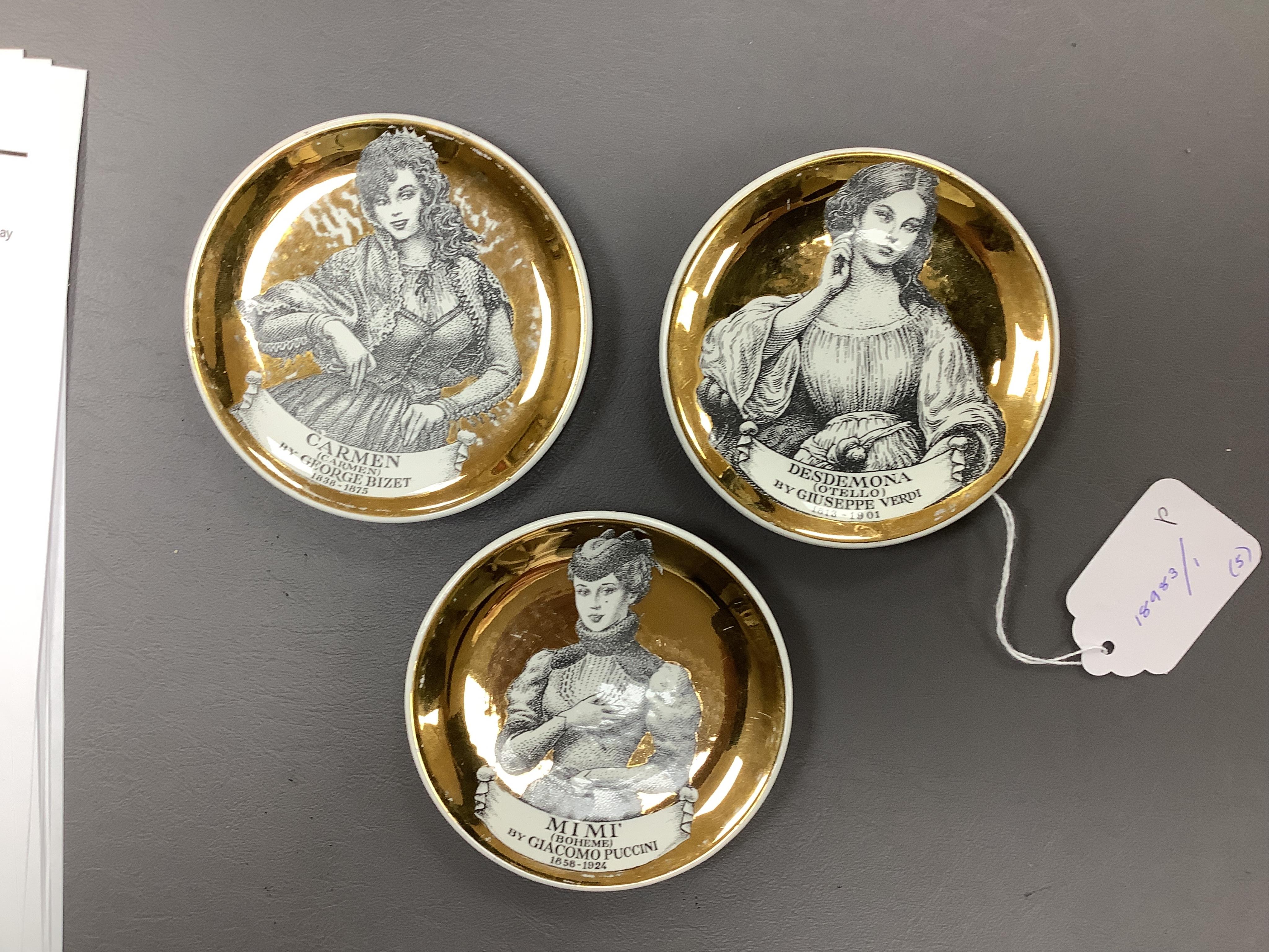 Fornasetti, a group of five operatic coasters, ‘Melodramma’ to include Otello and Desdemona, 10cm in diameter